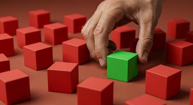 Abstract green cube among red cubes on smooth background, business strategy metaphor
