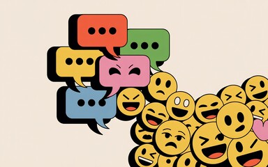 Social media communication concept with emojis and speech bubbles for online interaction