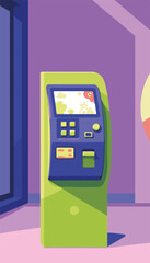 Bus ticket machine in minimalistic gallery space displaying abstract graphics, purple and lime colors, concept of modern art in transportation.