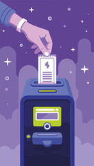 Hand inserting digital ticket into futuristic transport device, minimalistic purple and lime background, transport and technology concept.