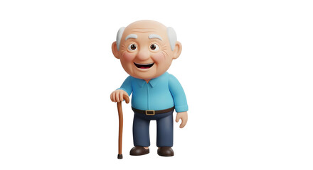 Smiling elderly man with a cane, a 3D cartoon character, representing senior care and retirement, rendered on transparent background.