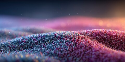 Macro Image of Wavy Carpet Surface, Dense Fibers Blending Pink, Blue, and Purple Hues, Abstract and Soft


