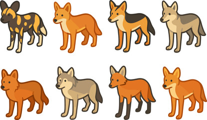 Colorful cartoon dogs from different breeds in standing poses