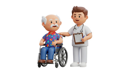 A kind doctor takes care of an elderly man in a wheelchair. Medical assistance and patient support. Healthcare and nursing concept on transparent background.