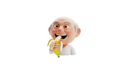 Happy old man cartoon character eating a banana on transparent background. Healthy lifestyle concept for older generation.
