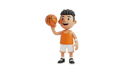 Young male athlete in sportswear holding a basketball. Excited cartoon kid character playing sport. Rendering for children.