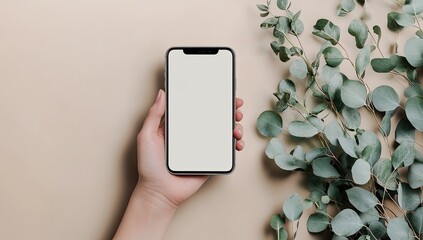 Hand holding phone, blank screen, eucalyptus sprigs, beige background.  Possible use Mockup