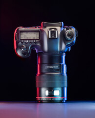 A professional camera with a large lens is positioned on a tabletop, enhanced by vibrant neon...