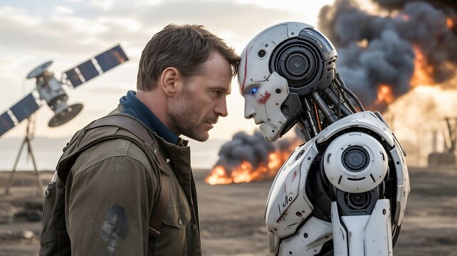 Human and robot face to face concept art ai generated image of technology and future war scene