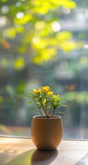 Yellow flowers in pot, windowsill, morning sun, out of focus background. Possible use Home decor