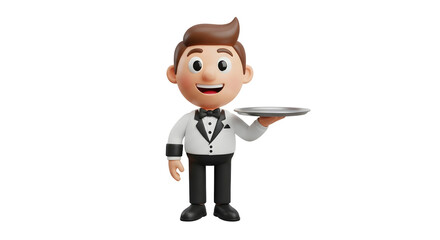 Cartoon man waiter holding serving tray on transparent background. Service occupation and hospitality concept. For restaurant and hotel design.
