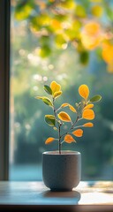 Small plant, sunlit windowsill, morning light.  Possible use Home decor