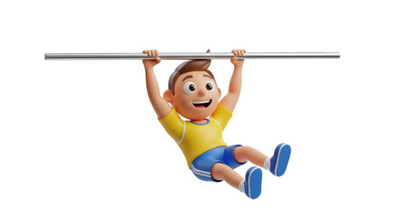Boy character hanging on a bar, exercising concept for physical activity and healthy lifestyle, 3d render on transparent background
