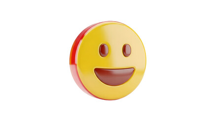 Yellow smiling emoji 3D icon with red border on transparent background. Social media, mood feedback, and communication symbol.