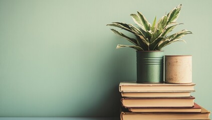 Books, plants, mint wall, still life, home decor