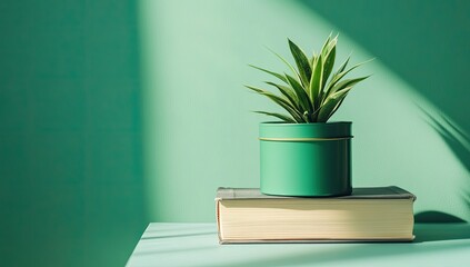 Green plant, book, sunlight, mint wall, home decor