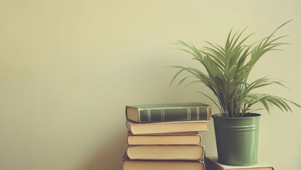 Books & Plant on Light Green Wall for Study