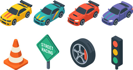 Isometric racing set with cars and traffic elements for games and designs