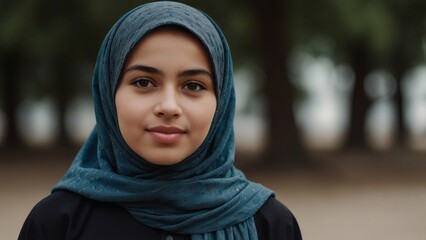 Smiling Girl in Blue Hijab Outdoors – Natural Portrait with Peaceful Expression and Forest Background