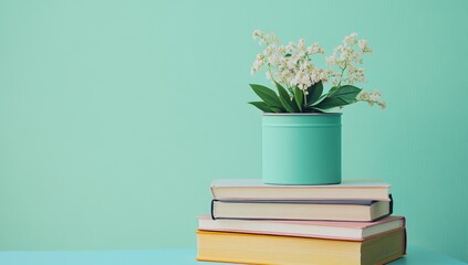 Mint-hued books, lily of the valley, mint backdrop, peaceful display