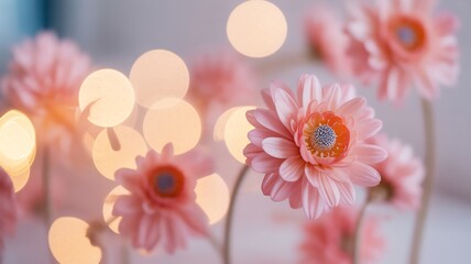 Beautiful pink gerbera daisy flower with bokeh lights for spring floral background wallpaper