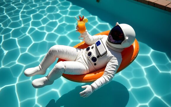 Astronaut floating in a pool with tropical drinks and inflatable rings Concept: summer relaxation, space vacation, tropical fun, poolside leisure, astronaut at rest. defocus. High quality