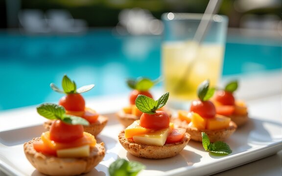 Delicious canapes by the poolside with refreshing drinks and summer vibes in bright sunlight. High quality
