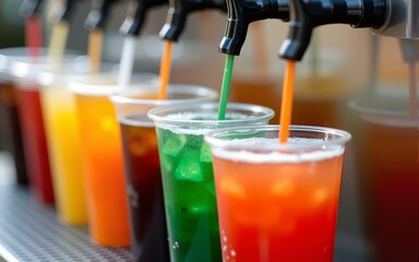 Colorful drinks being dispensed from a fountain, showcasing a variety of refreshing soda choices in clear cups. High quality