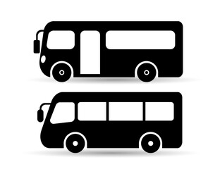 Minimalist flat vector illustration featuring two black bus silhouettes with soft shadows beneath, set against a white background. Represents different types of public transportation