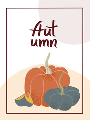 Thanksgiving template with a vibrant arrangement of pumpkins. The variety of shapes and colors emphasize seasonal bounty, perfect for celebrating fall.