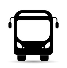 Front-view bus icon in black silhouette, designed in a minimalist style on a white background. Represents public transportation and daily commuting