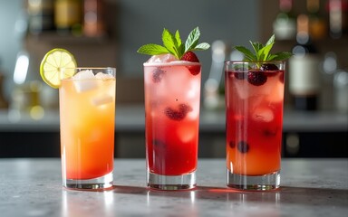 Cocktails or mocktails cold drinks. Classic summer refreshing long drink in highballs with berries, lime, herbs and ice on gray bar counter background. High quality