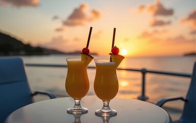 Two pineapple cocktails sit on a boat table at sunset, offering a refreshing drink to enjoy the beautiful scenery. High quality
