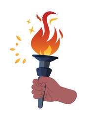 Hand holding flaming torch with, flat graphic style, isolated on white background. Concept of freedom, power, activism, liberty. Flat vector illustration