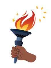 Hand holding flaming torch, flat graphic style. Concept of freedom, power, liberty, activism. Flat vector illustration isolated on white background