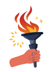 Flat vector image of a hand raising a fiery torch. A powerful symbol of strength, freedom, social movement