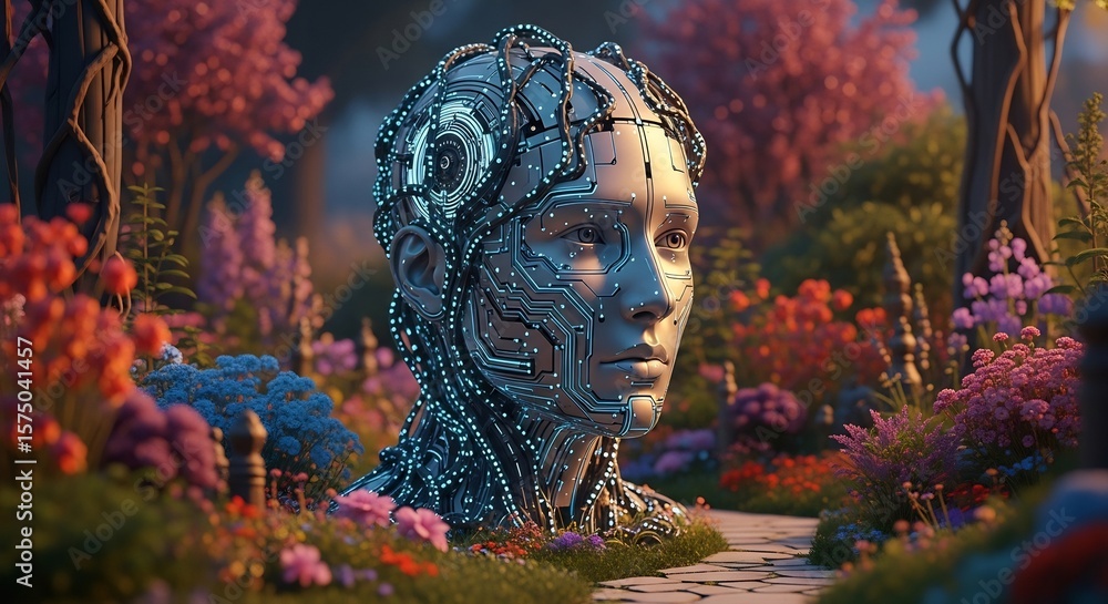 Aufkleber artificial intelligence robot in garden with flowers ai generated image for technology concept