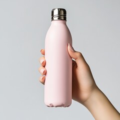 Pink water bottle held, studio shot, simple background. Promotional use