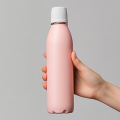 Pink bottle held, studio, gray background. Mockup