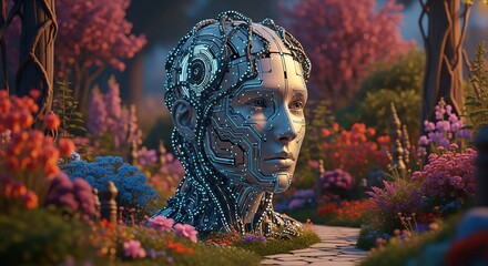 Artificial intelligence robot in garden with flowers ai generated image for technology concept
