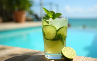 Refreshing mojito cocktail poolside image for summer drinks recipes and vacation vibes perfect for blogs. High quality