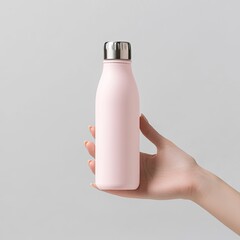 Hand holds pink water bottle, neutral background.  Possible use product display