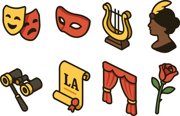 Fototapeta premium Colorful theater and drama icons featuring masks, instruments, and flowers