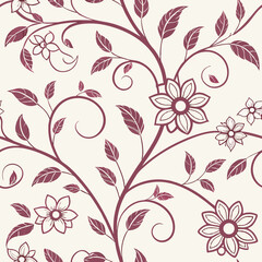 A vintage-inspired seamless pattern featuring decorative flowers and curling vines in a soft purple tone, ideal for textiles, wallpapers, and invitations.