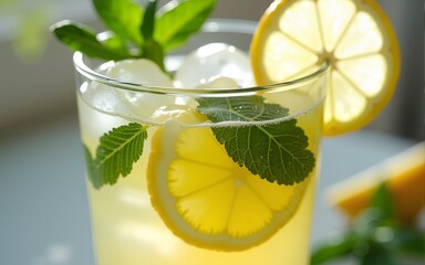 Close up of lemon slices and mint leaves with ice cubes creating a refreshing summer drink look. High quality