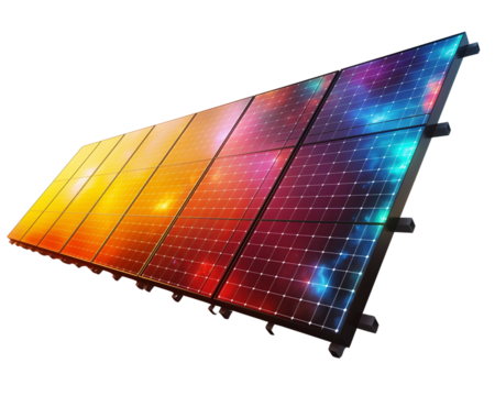 Clean power reimagined. Transparent PNG. Gradient spectrum solar panel with cosmic glow. Ideal for futuristic tech, sustainability, and renewable energy topics.