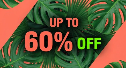 Summer sale up to sixty percent off discount promotion with tropical leaves background design offer