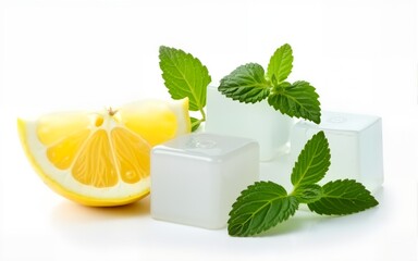 ice cubes, mint leaves with lemons isolated on a white background. High quality