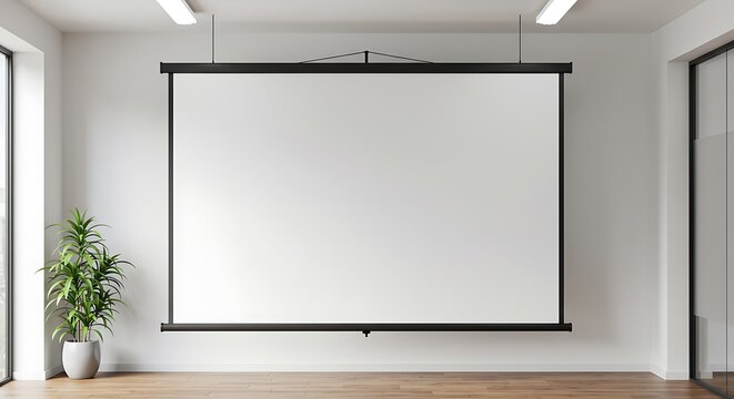 A blank projection screen ready for a presentation in a well-lit, modern office space