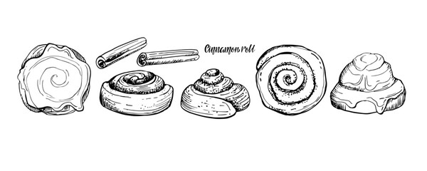 Set of sweet cinnamon buns and cinnamon sticks sketch with inscription. Vector tasty bakery food, yeast french dough, sweet nutrition crusty snack.Text with hand drawn element for cafe, menu, recipe